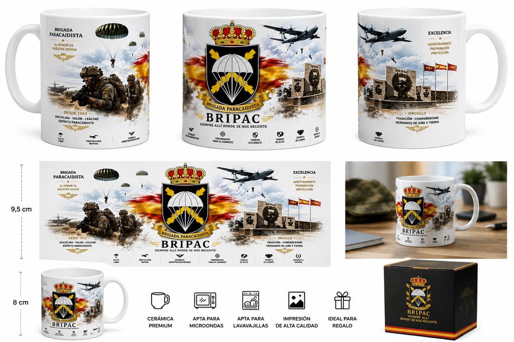 Taza BRIPAC Brigada Paracaidista Premium 325 ml | Cerámica Blanca | Apta para Microondas y Lavavajillas | Regalo Militar Exclusivo