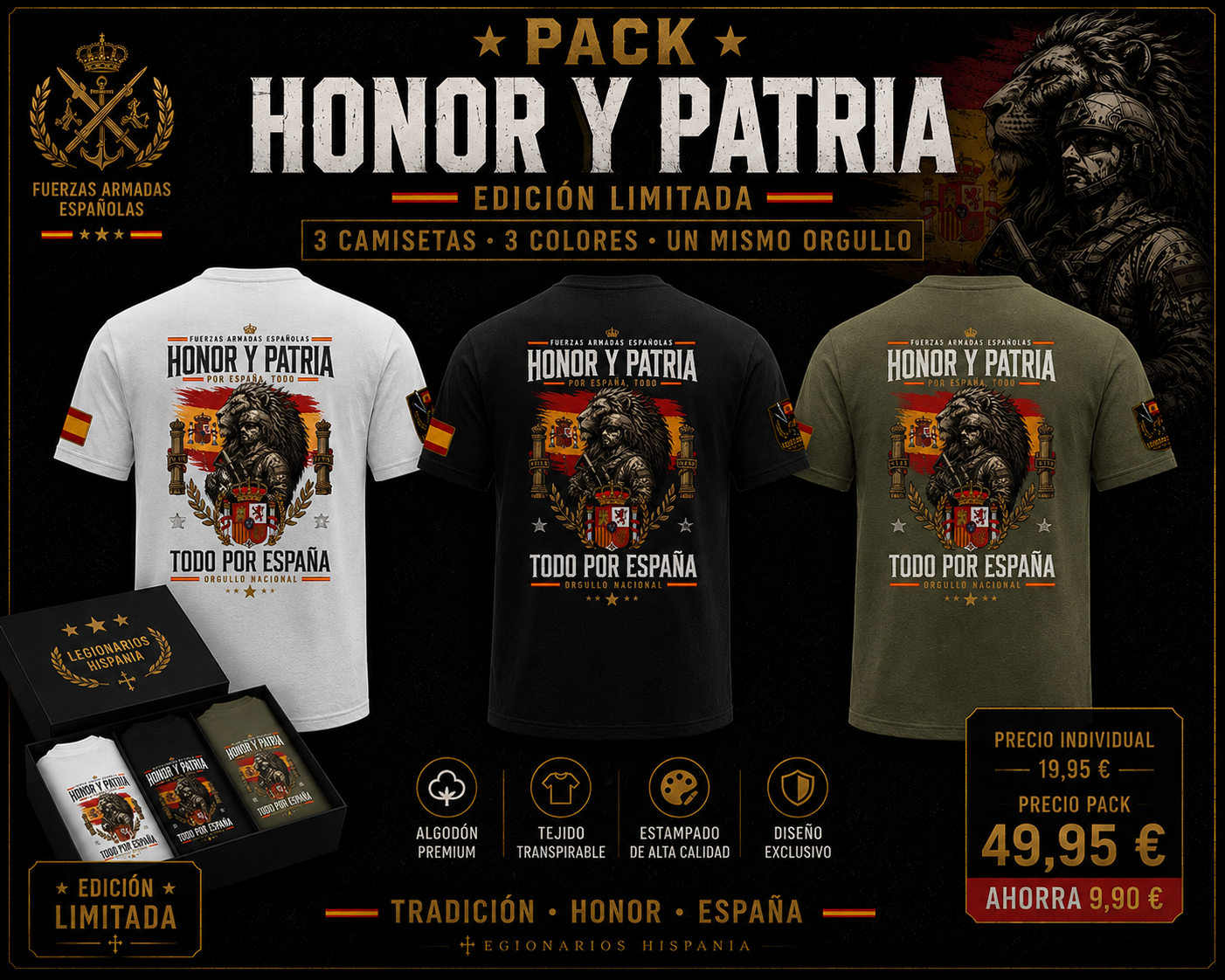 Pack 3 Camisetas Honor y Patria – Todo por España - Edición Exclusiva