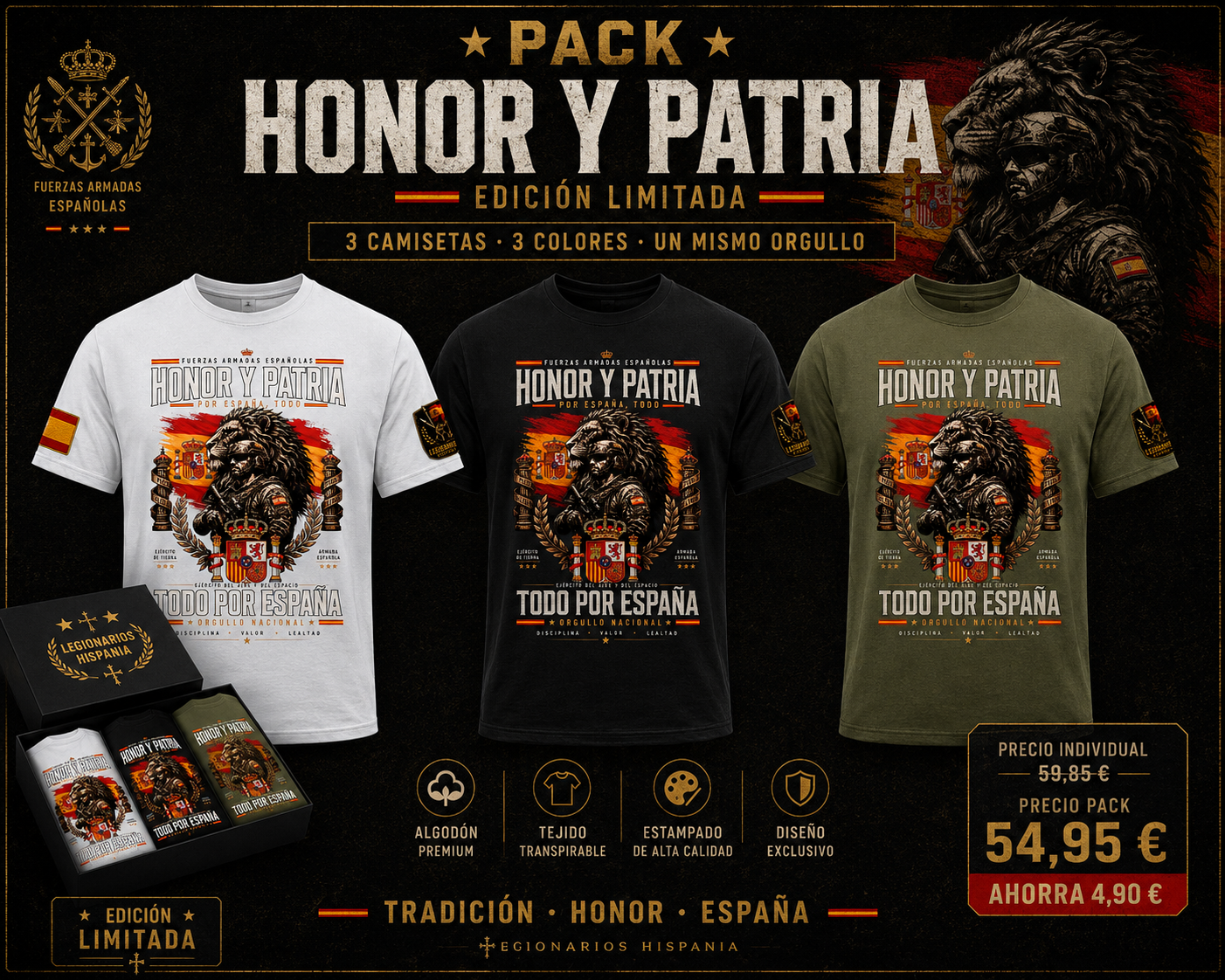 Pack 3 Camisetas Honor y Patria – Todo por España - Edición Exclusiva