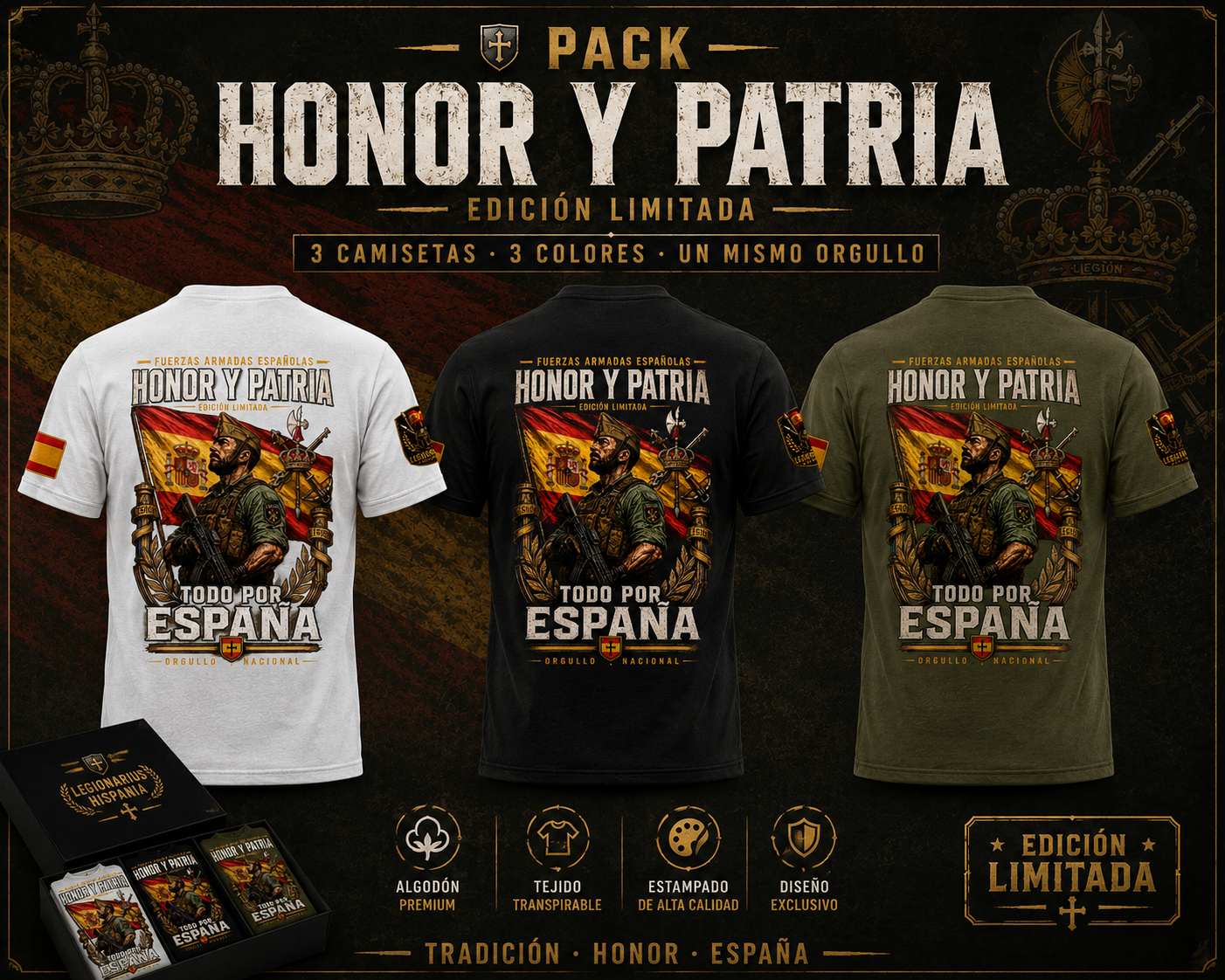 Pack 3 Camisetas Honor y Patria Todo por España - LaLLaM | Edición Premium | Legionarius Hispania