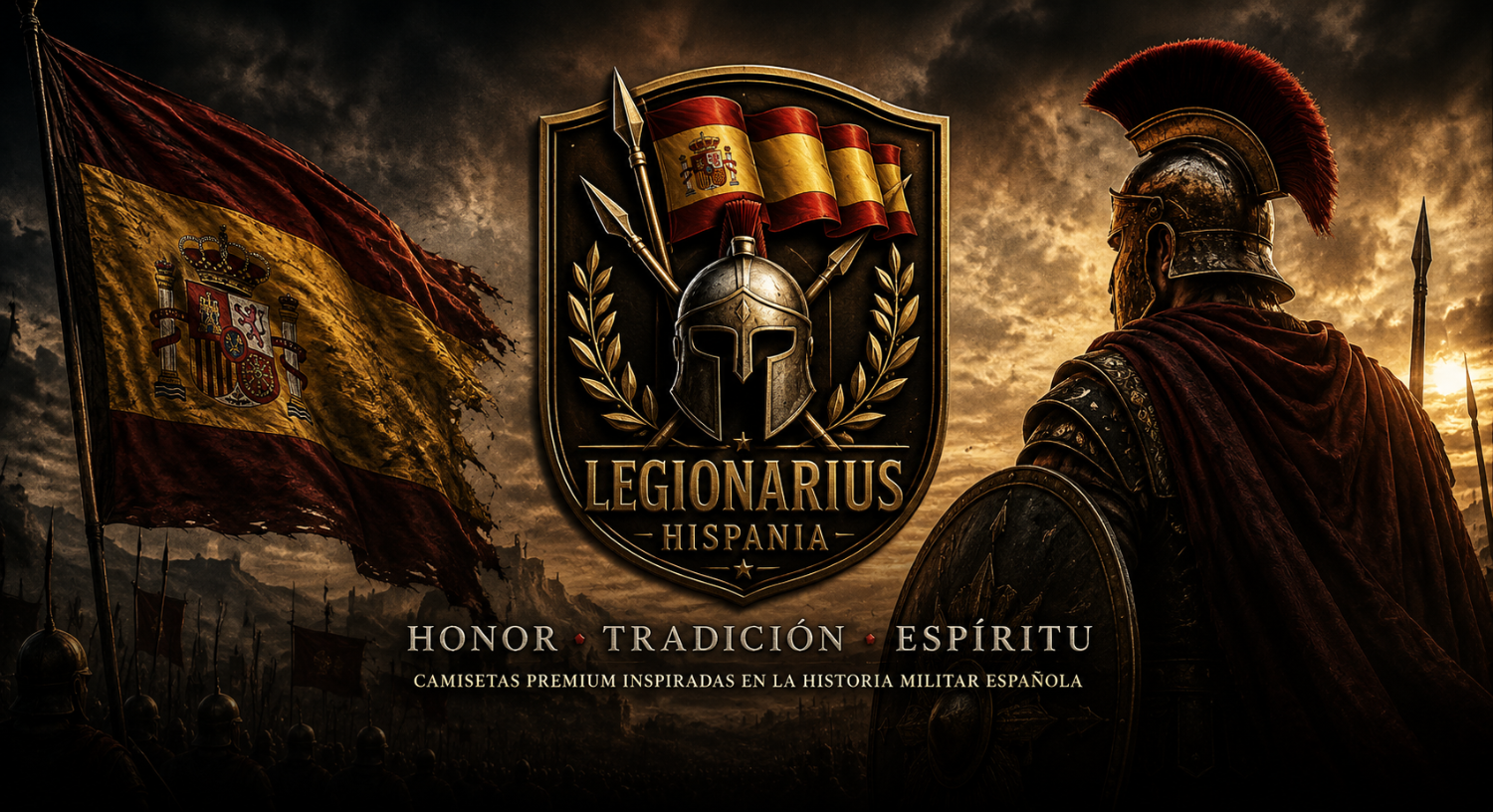 Portada de Legionarius Hispania con emblema heráldico, bandera de España y diseño inspirado en la tradición militar española.
